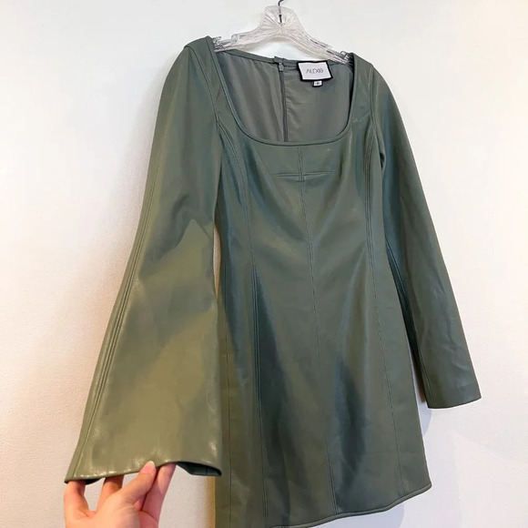 Alexis Vanna Faux Leather Sage Green Square Neck Long Bell Sleeve Mini Dress - Picture 4 of 8
